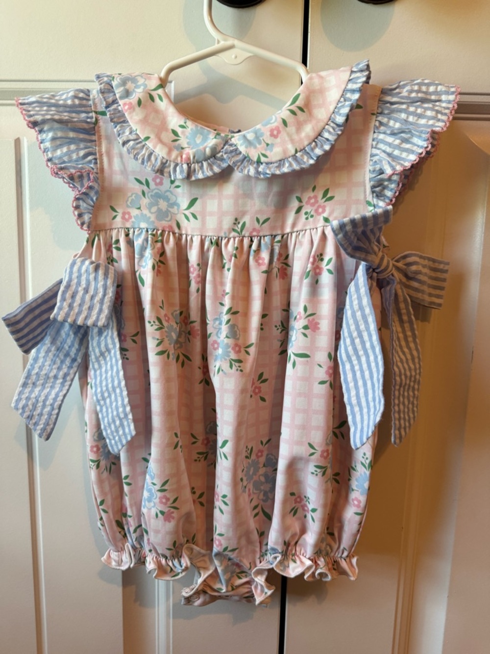 Pink Floral Bubble Romper with Blue Stripe Bows